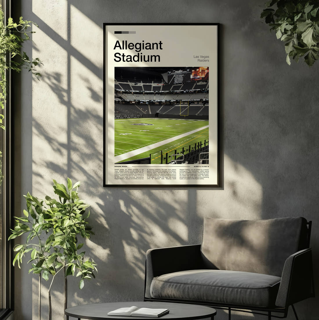 Allegiant Stadium Print framed on the wall of a relaxed living room