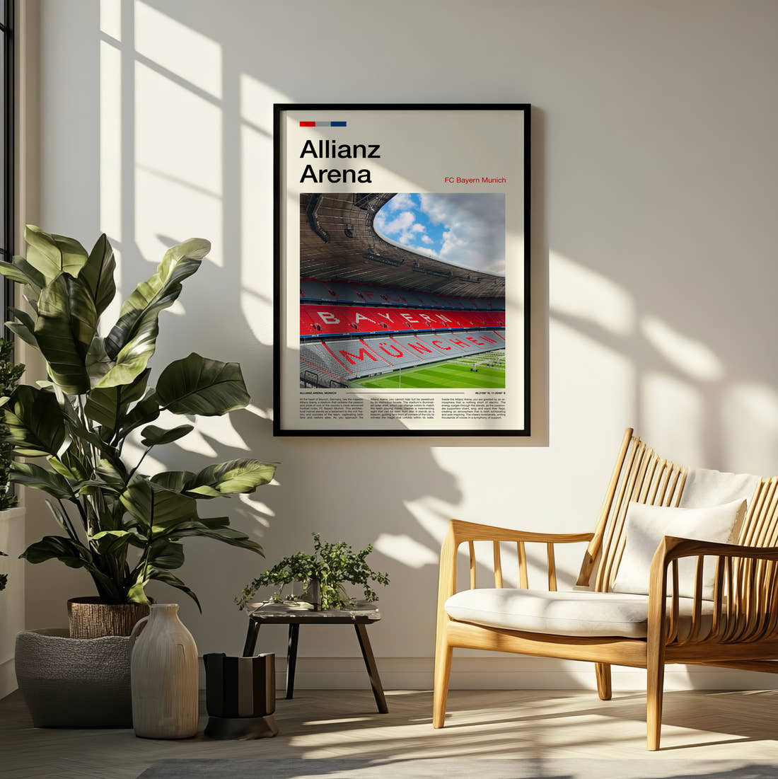 Allianz Arena Print framed on a pale wall beside houseplants