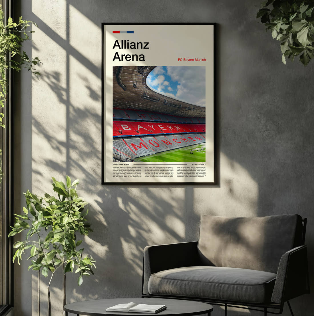 Allianz Arena Print framed on the wall of a relaxed living room