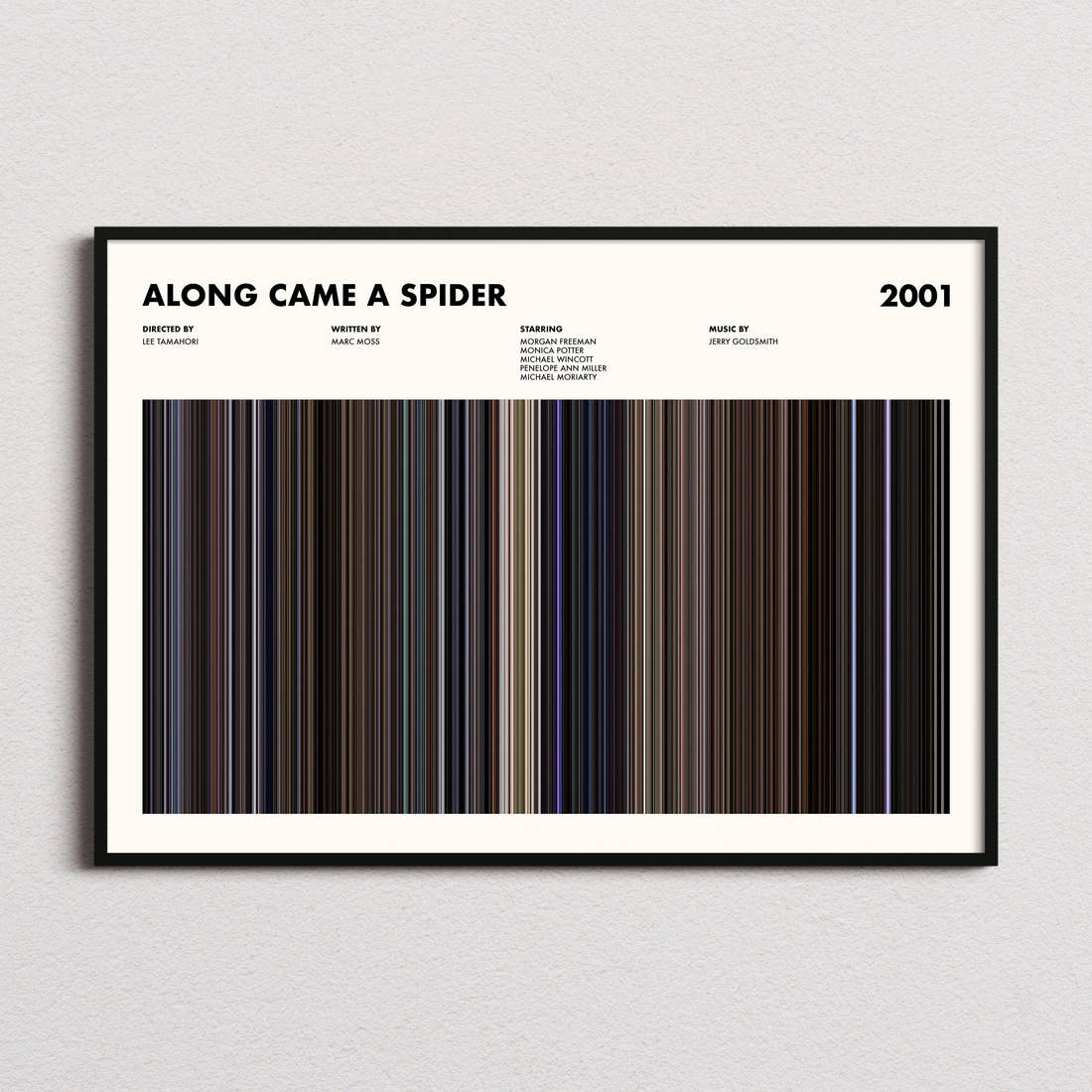 Along Came a Spider Movie Barcode Poster framed and photographed straight on