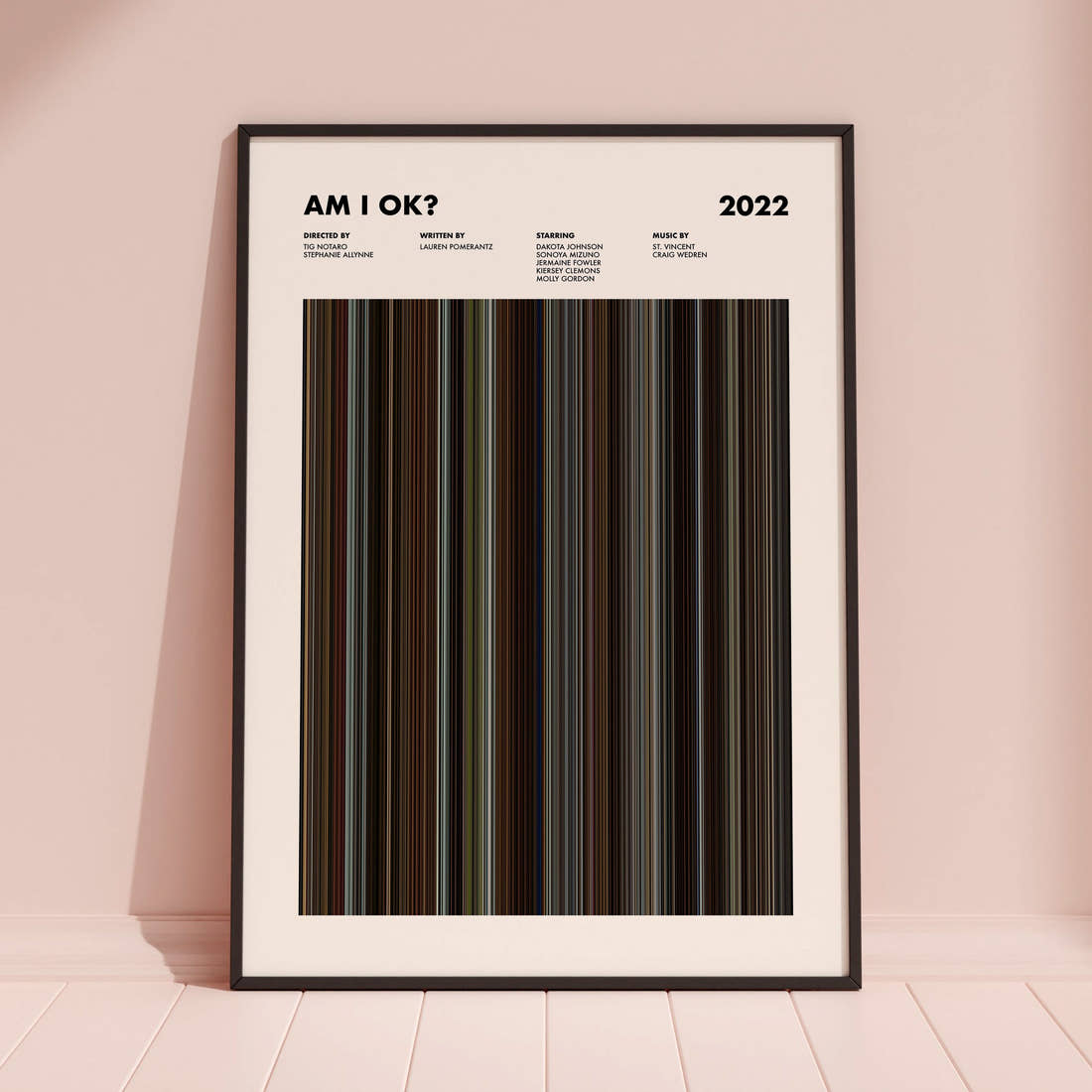 Am I OK? Movie Barcode Poster framed and leaning against a coloured wall