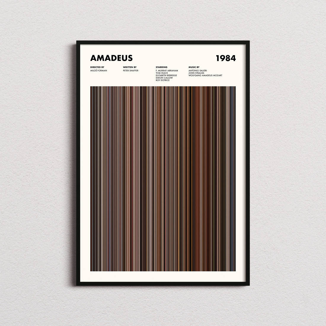 Amadeus Movie Barcode Poster framed on a plain studio wall