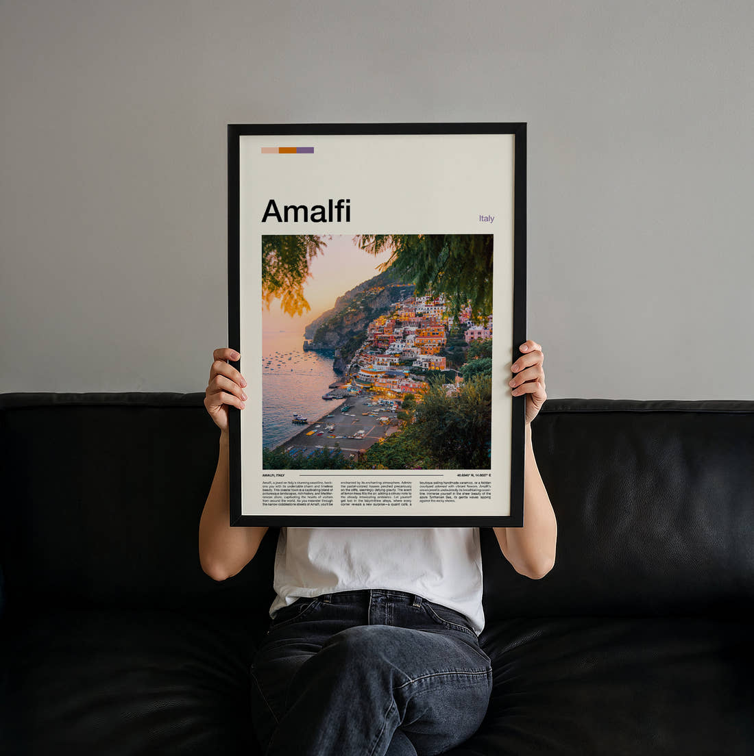 Amalfi Positano At Sunset Travel Print held up by hand to show the size of the print