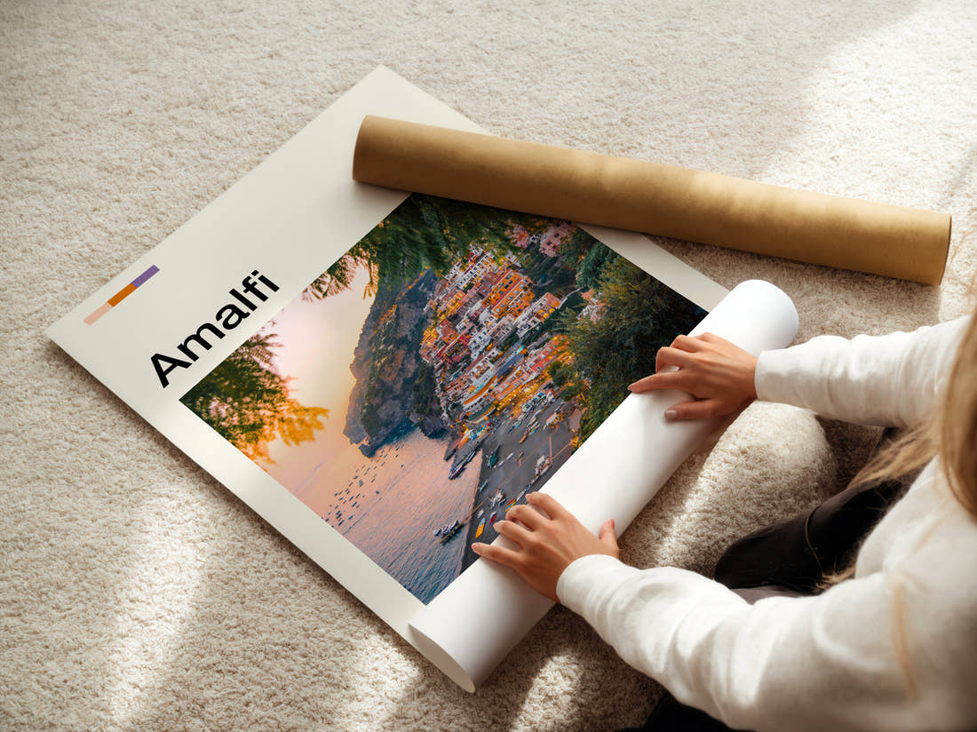 Amalfi Positano At Sunset Travel Print being unrolled from its postal tube