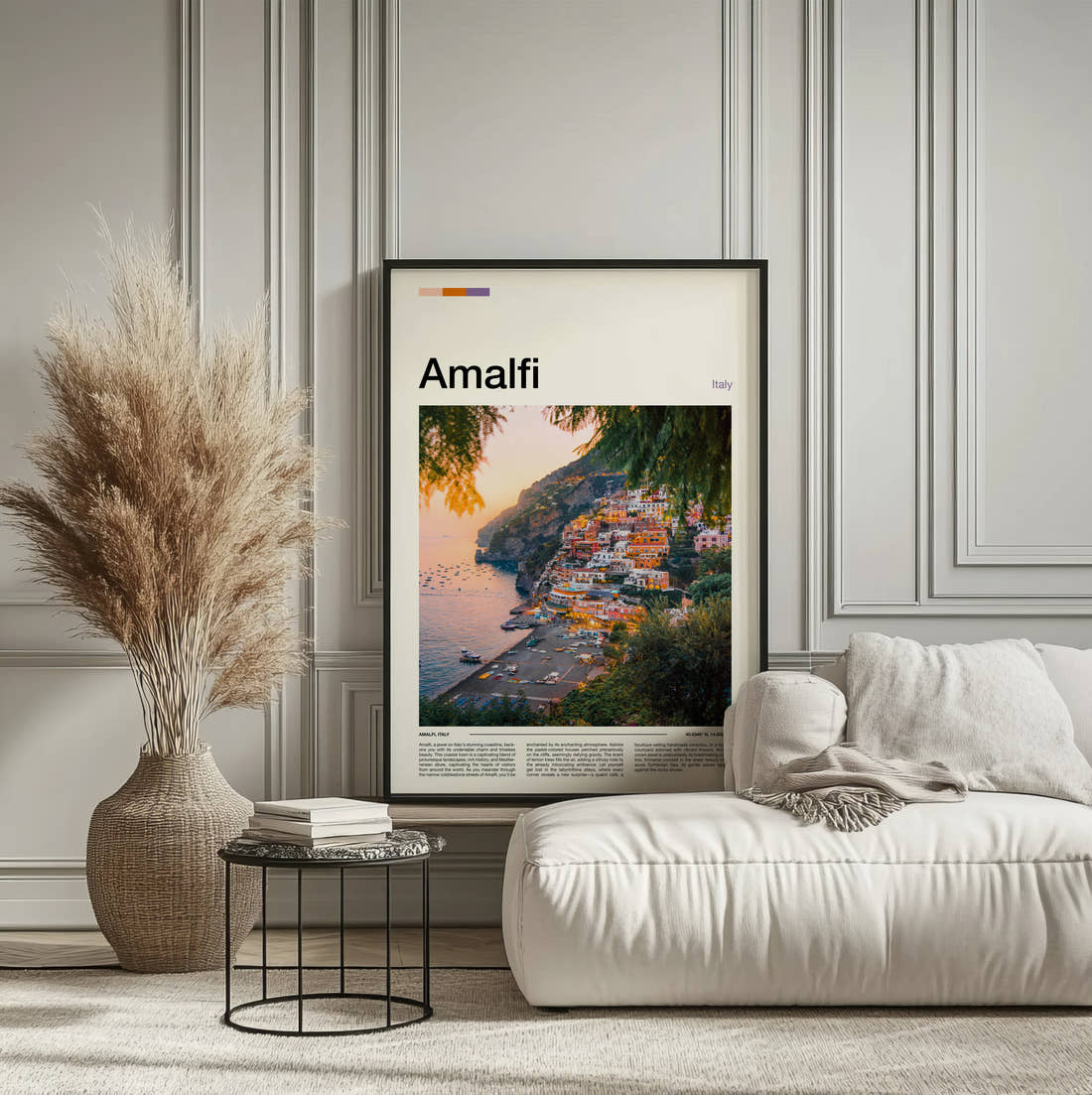 Amalfi Positano At Sunset Travel Print framed on the wall of a calm, neutral bedroom