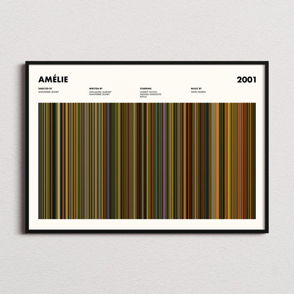 Amélie Movie Barcode Poster framed and photographed straight on