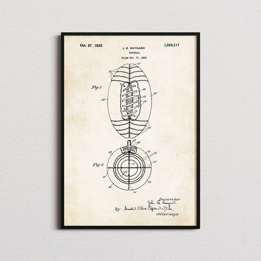 American Football Patent Print in the aged paper colourway, framed