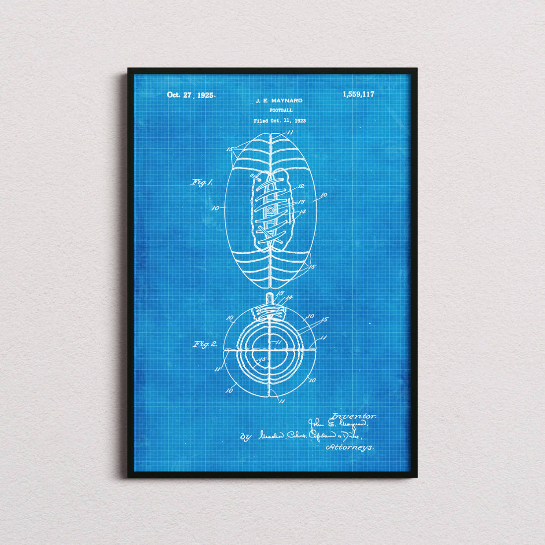 American Football Patent Print in the blueprint colourway, framed