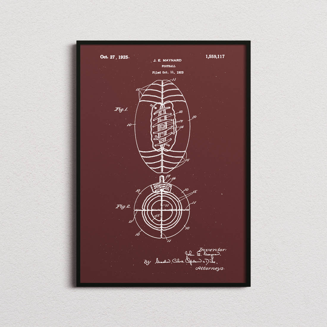 American Football Patent Print in the burgundy colourway, framed