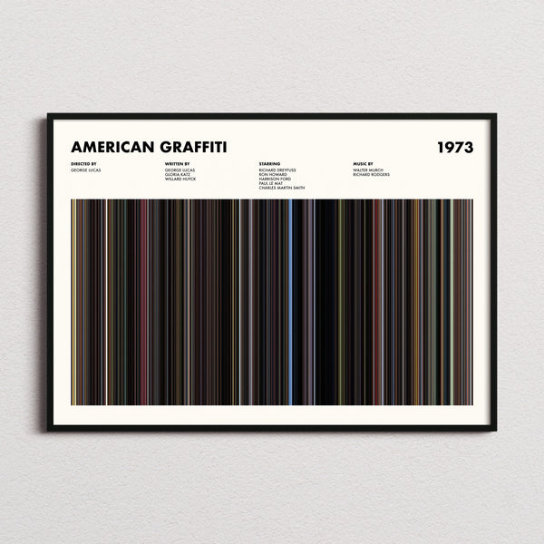 American Graffiti Movie Barcode Poster framed and photographed straight on