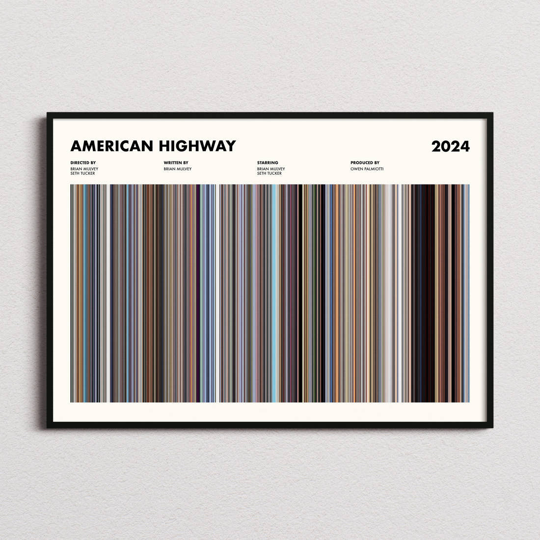 American Highway Movie Barcode Poster framed and photographed straight on