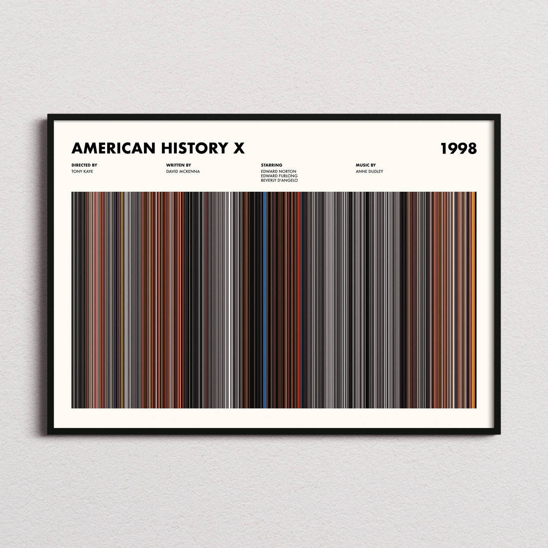 American History X Movie Barcode Poster framed and photographed straight on