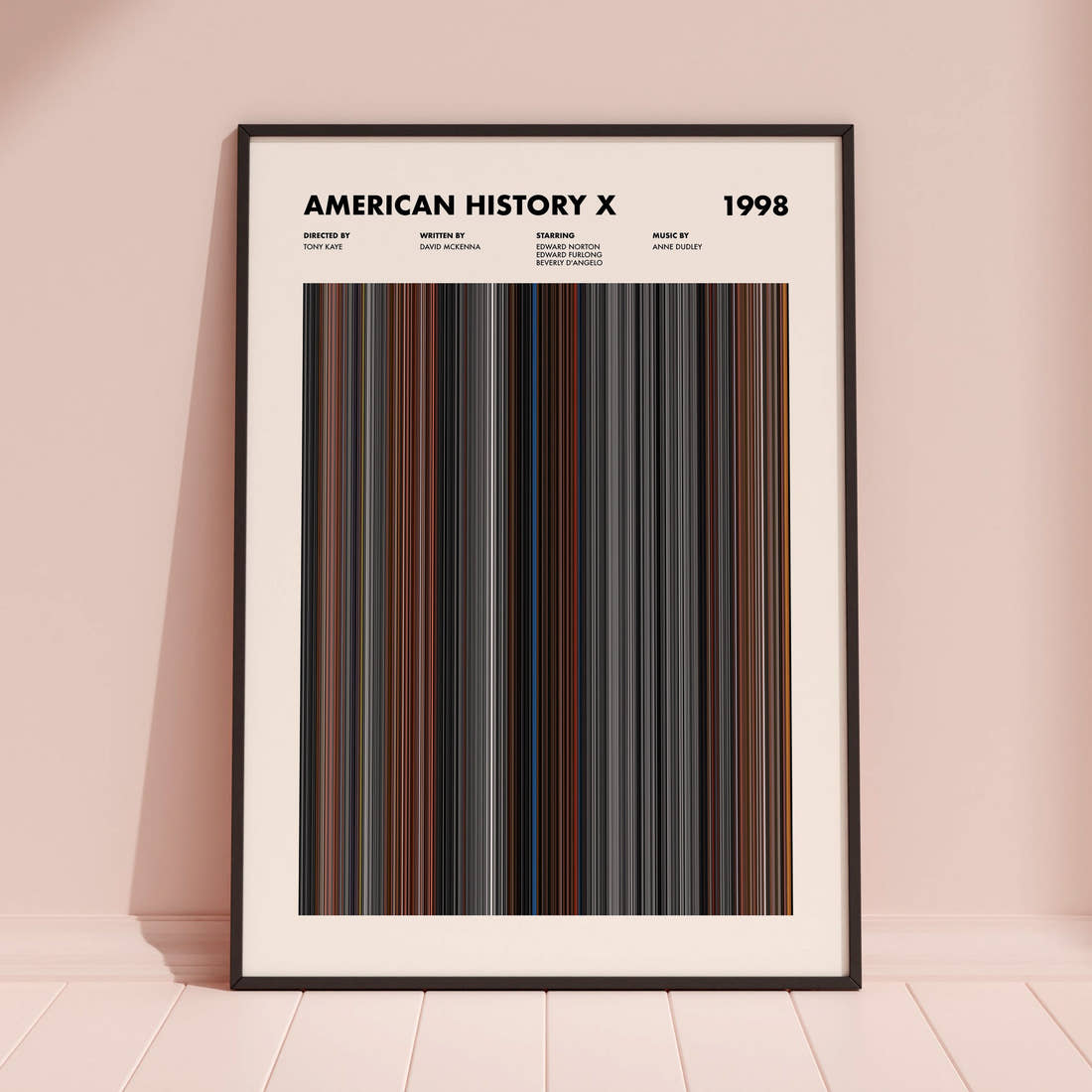 American History X Movie Barcode Poster framed and leaning against a coloured wall