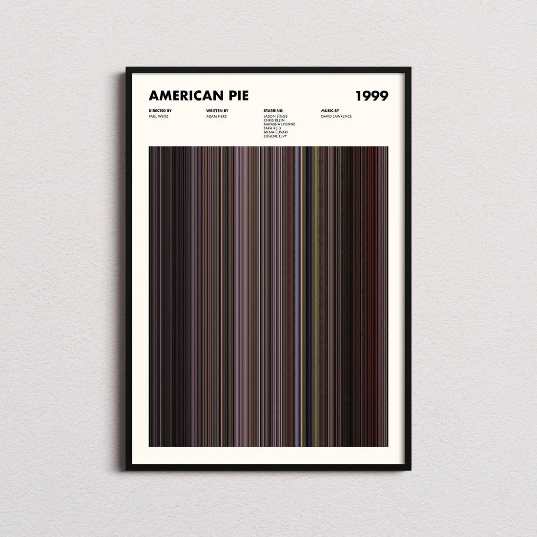 American Pie Movie Barcode Poster framed on a plain studio wall