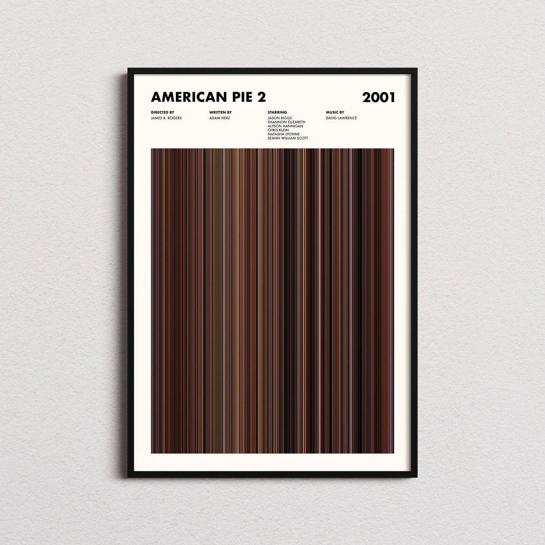 American Pie 2 Movie Barcode Poster framed on a plain studio wall