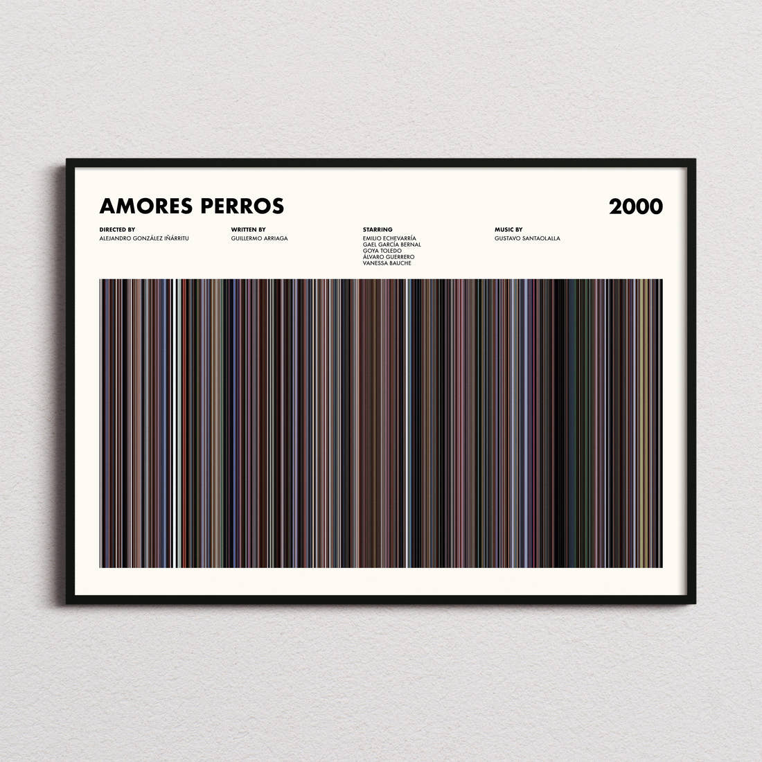 Amores Perros Movie Barcode Poster framed and photographed straight on