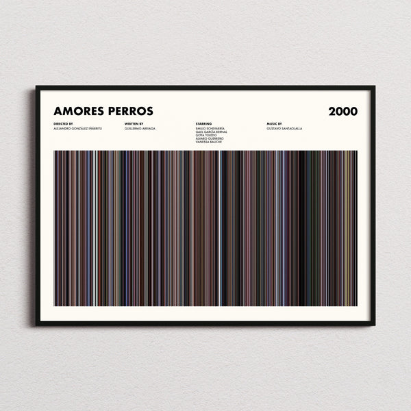 Amores Perros Movie Barcode Poster framed and photographed straight on