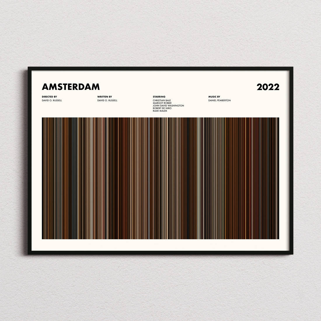 Amsterdam Movie Barcode Poster framed and photographed straight on