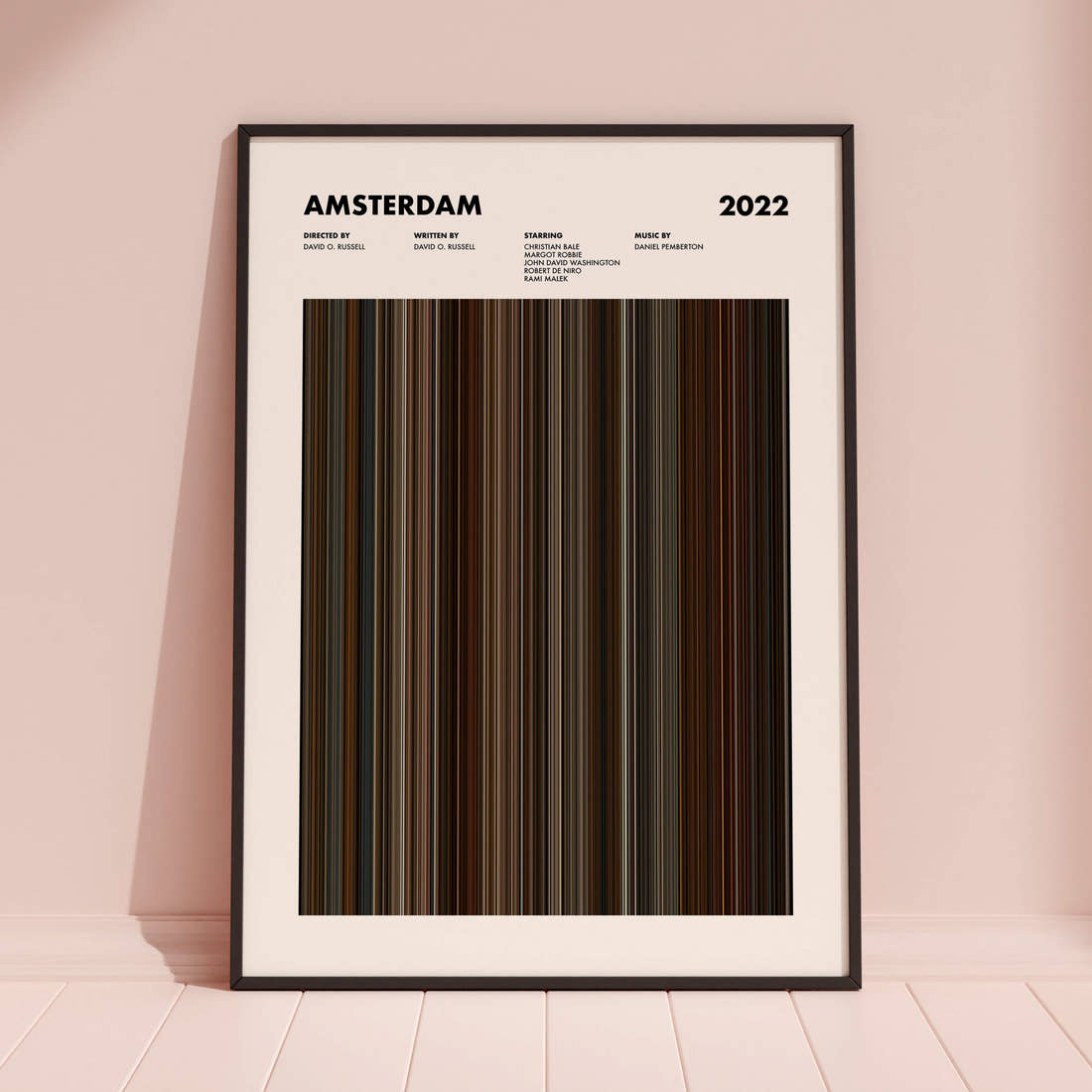 Amsterdam Movie Barcode Poster framed and leaning against a coloured wall