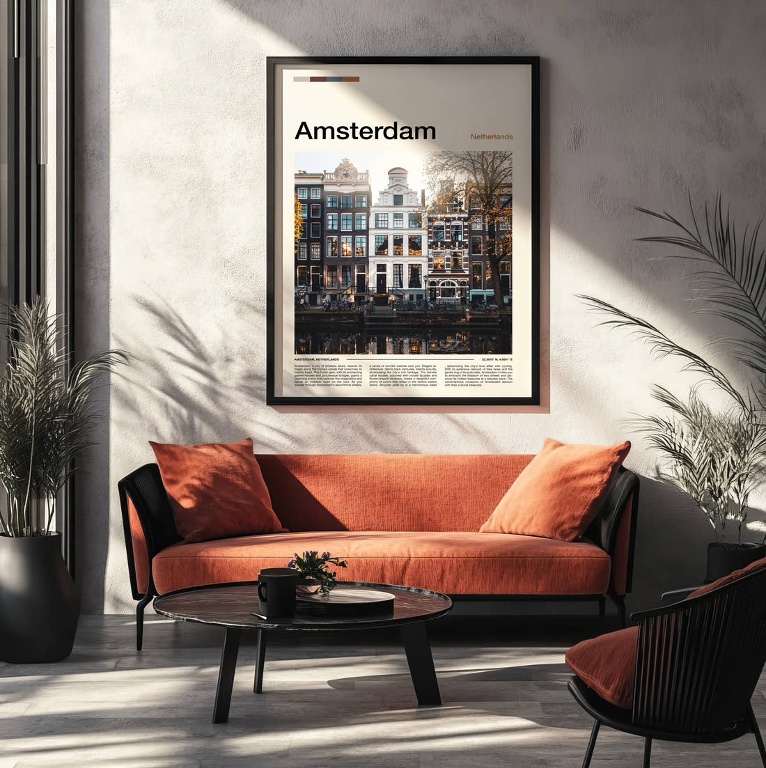Amsterdam Canal Houses Travel Print framed on the wall of a modern living room