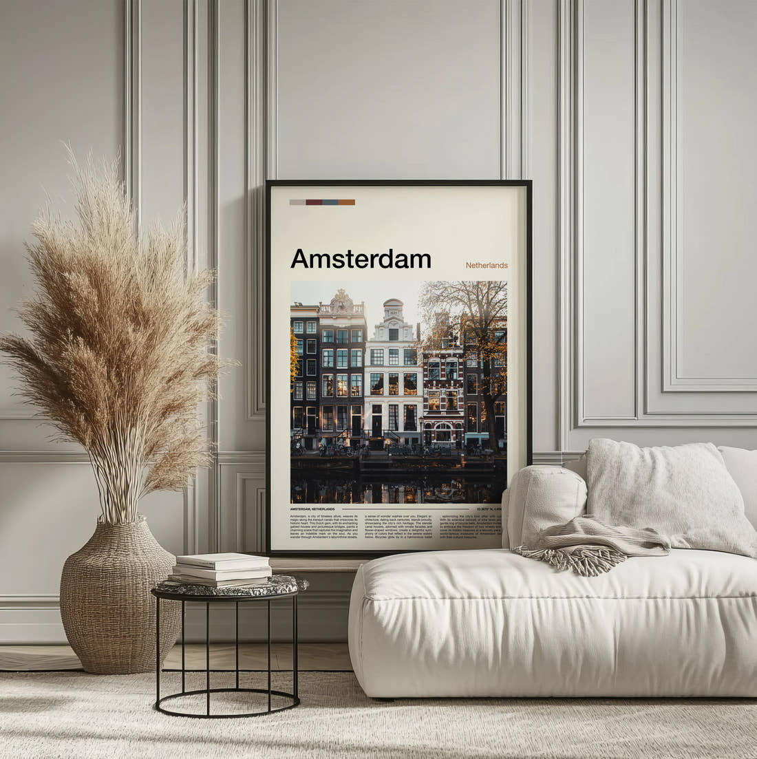 Amsterdam Canal Houses Travel Print framed on the wall of a calm, neutral bedroom