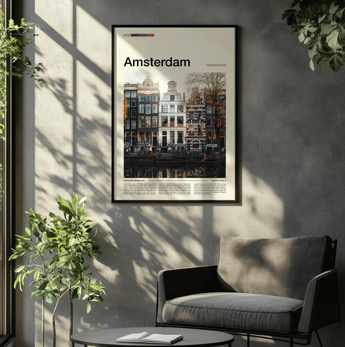 Amsterdam Canal Houses Travel Print framed on the wall of a relaxed living room