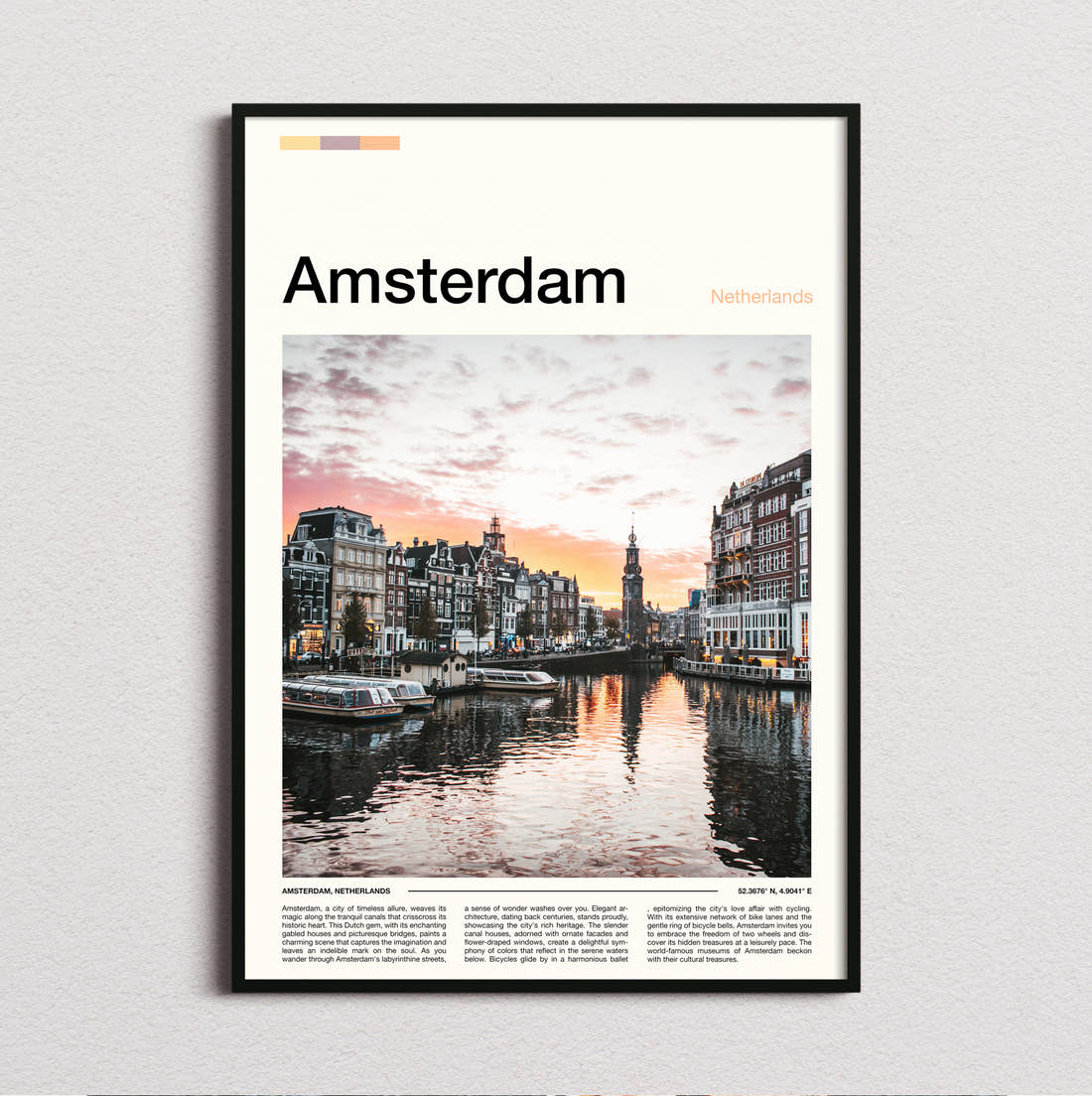 Amsterdam Canal At Sunset Travel Print framed and photographed straight on