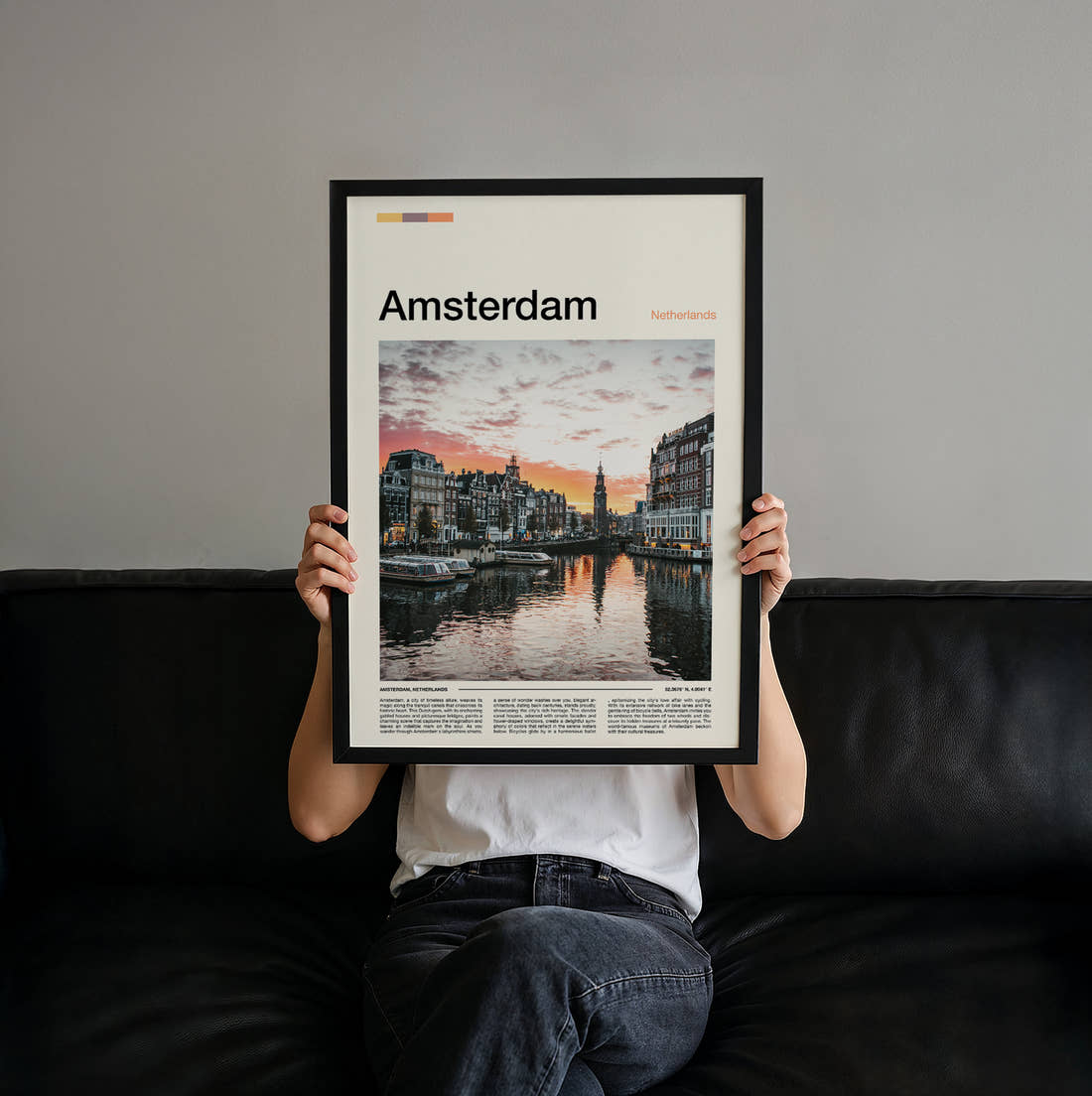 Amsterdam Canal At Sunset Travel Print held up by hand to show the size of the print