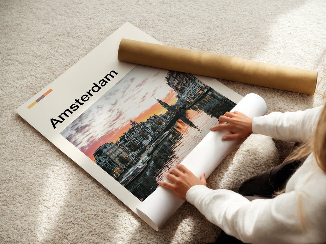 Amsterdam Canal At Sunset Travel Print being unrolled from its postal tube