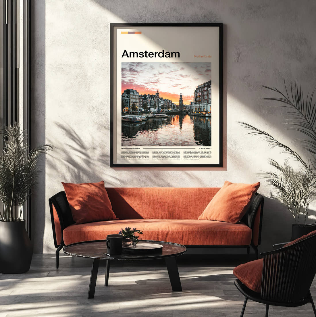 Amsterdam Canal At Sunset Travel Print framed on the wall of a modern living room