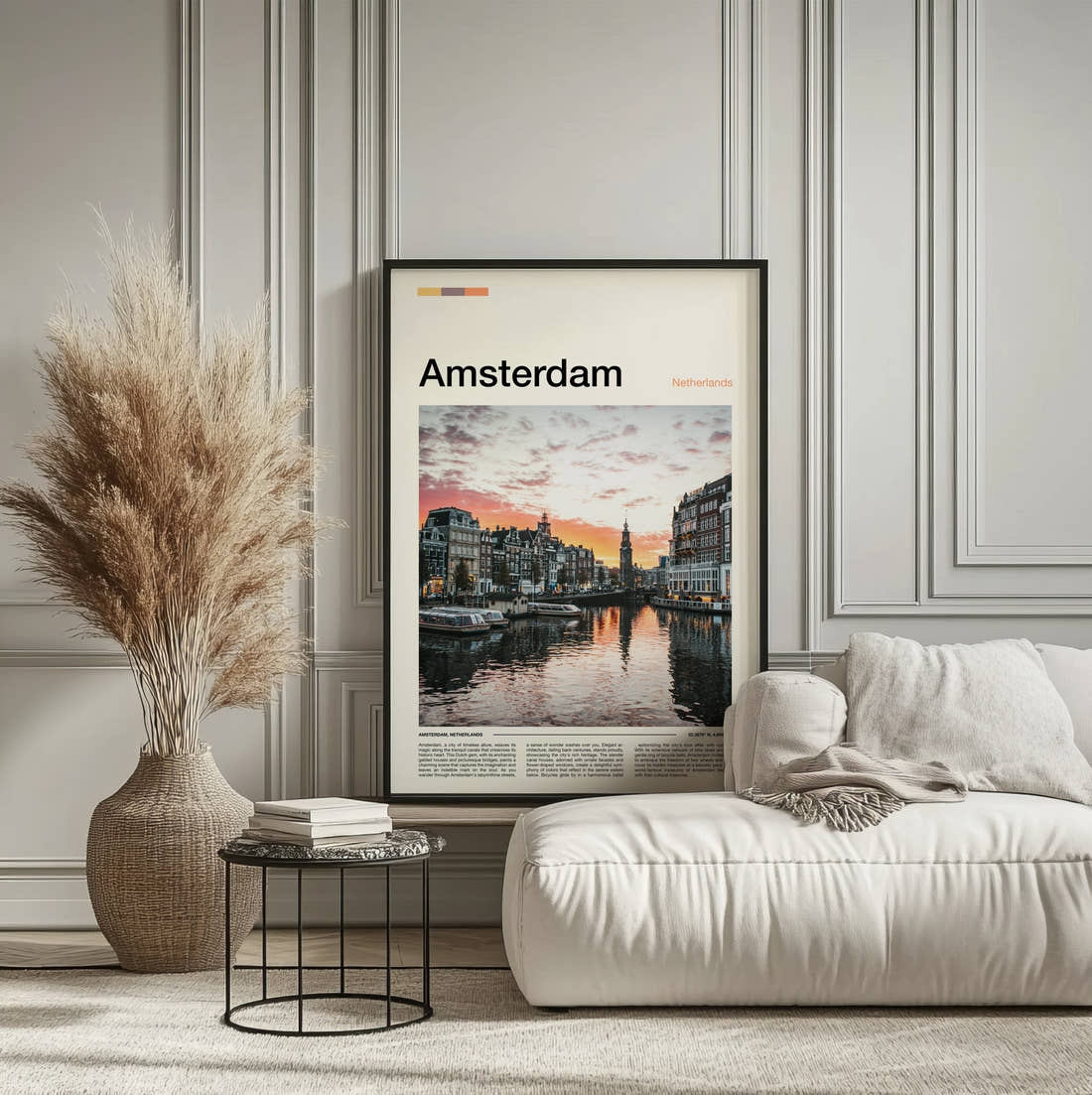 Amsterdam Canal At Sunset Travel Print framed on the wall of a calm, neutral bedroom