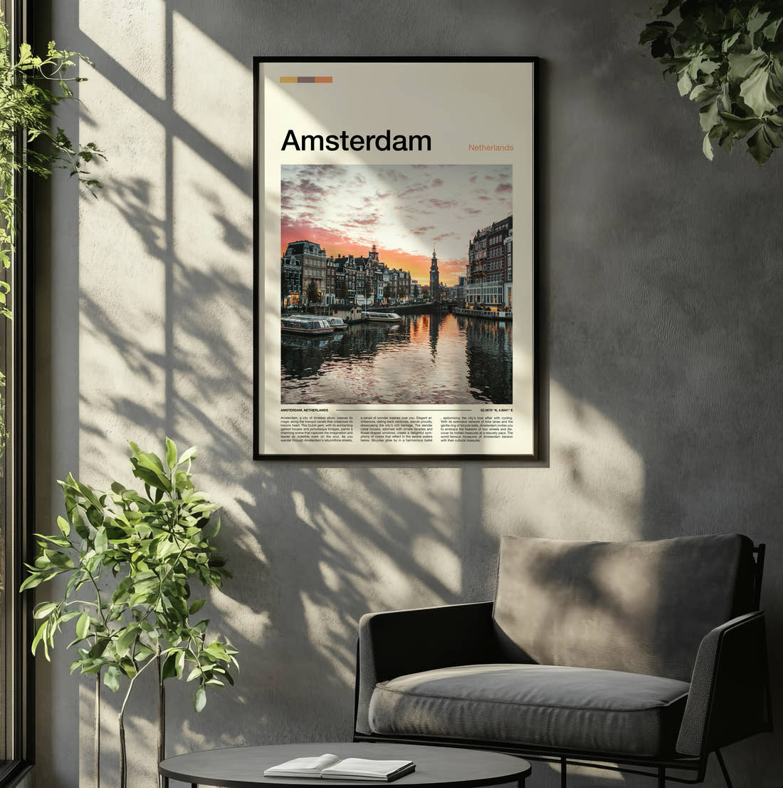 Amsterdam Canal At Sunset Travel Print framed on the wall of a relaxed living room