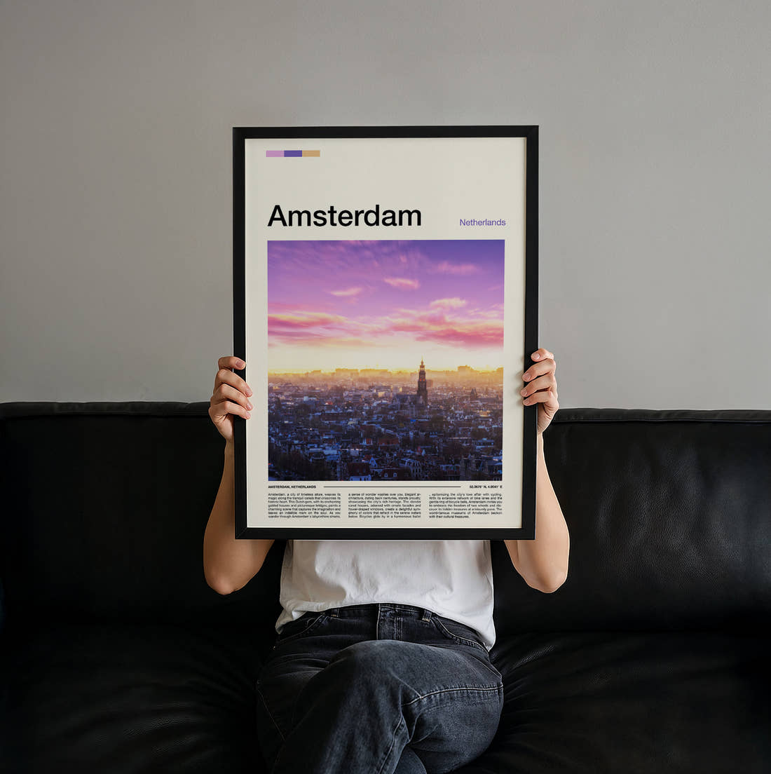 Amsterdam City Skyline At Sunset Travel Print held up by hand to show the size of the print