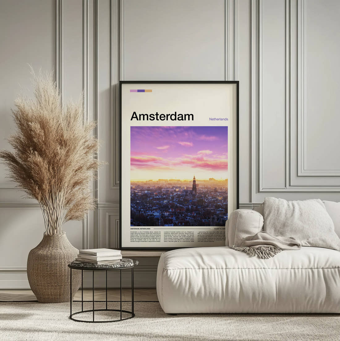 Amsterdam City Skyline At Sunset Travel Print framed on the wall of a calm, neutral bedroom