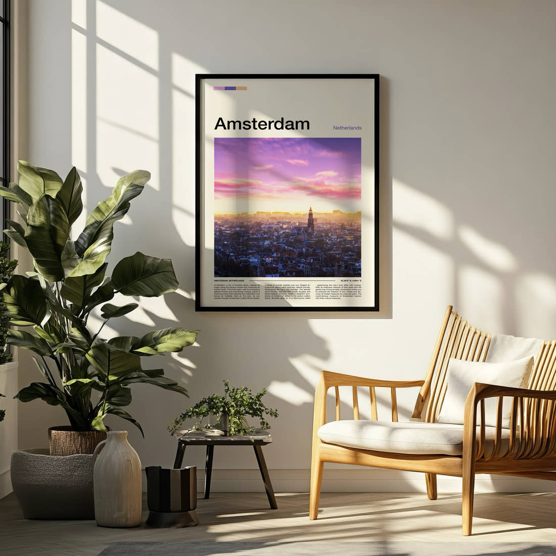 Amsterdam City Skyline At Sunset Travel Print framed on a pale wall beside houseplants