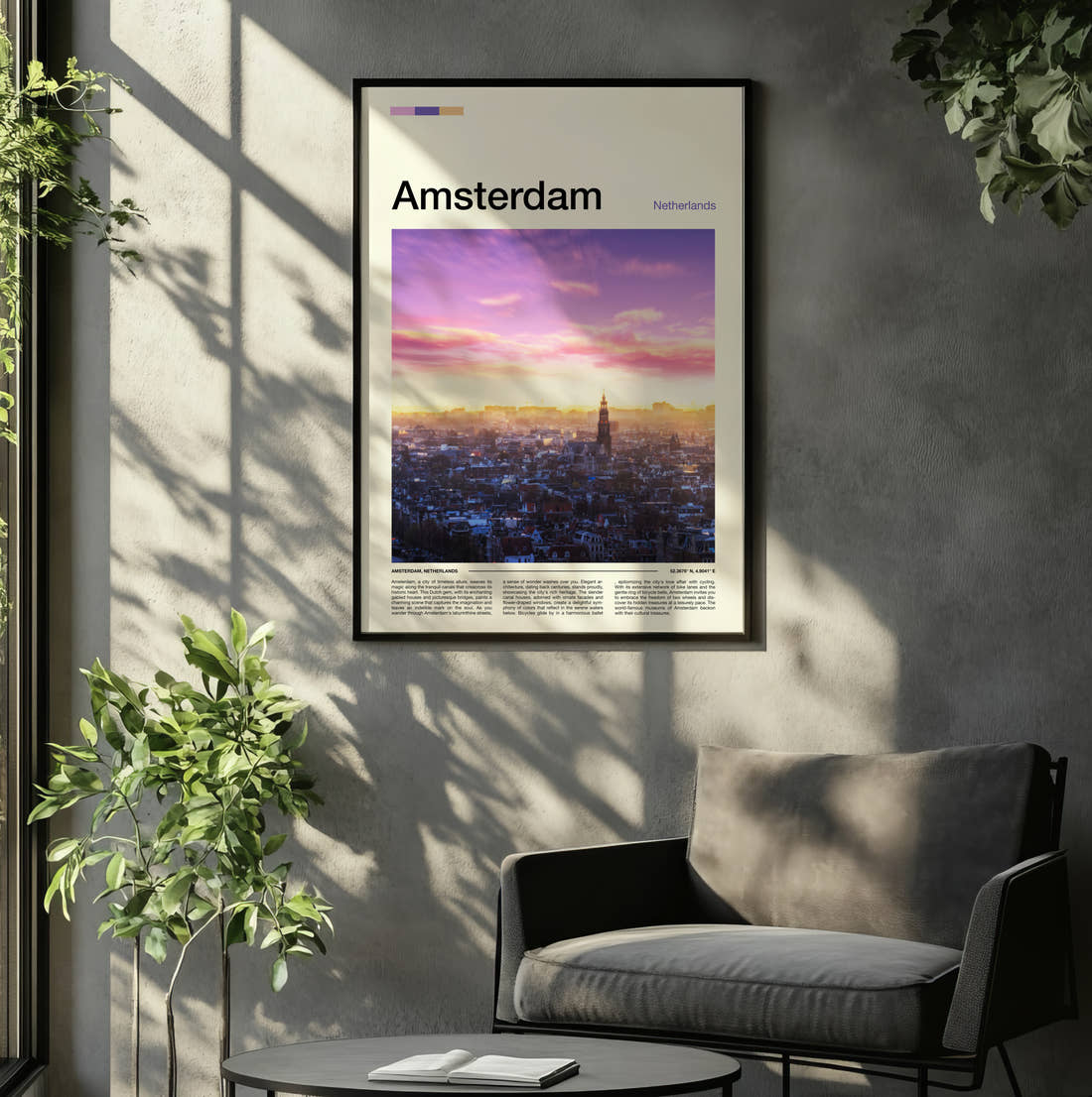 Amsterdam City Skyline At Sunset Travel Print framed on the wall of a relaxed living room