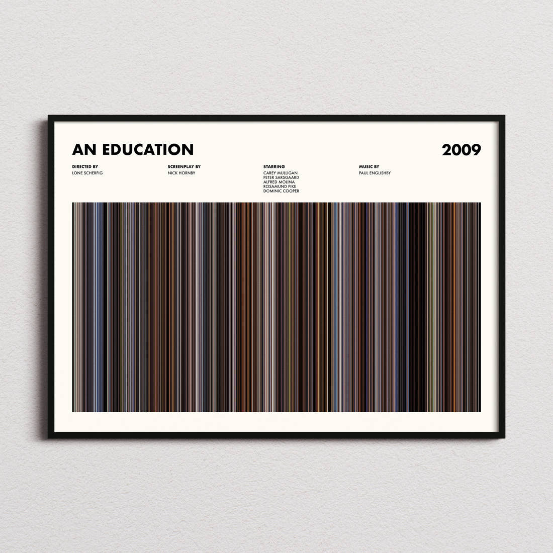 An Education Movie Barcode Poster framed and photographed straight on