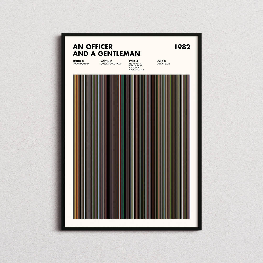 An Officer and a Gentleman Movie Barcode Poster framed on a plain studio wall