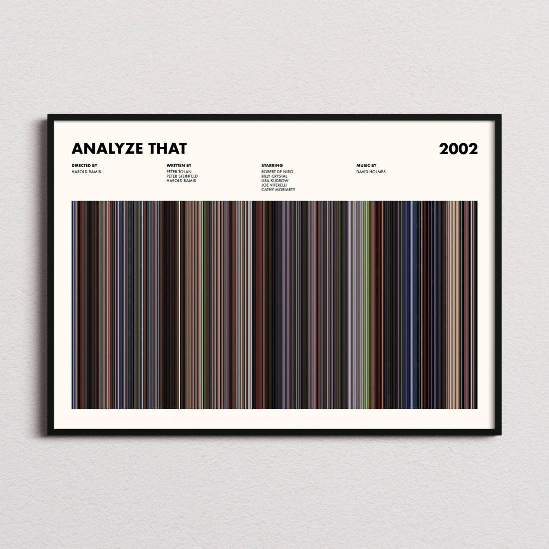 Analyze That Movie Barcode Poster framed and photographed straight on