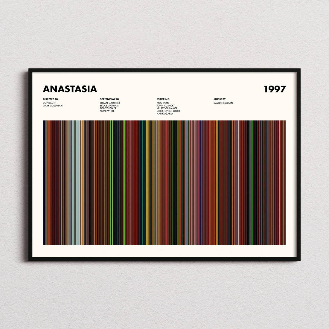 Anastasia Movie Barcode Poster framed and photographed straight on