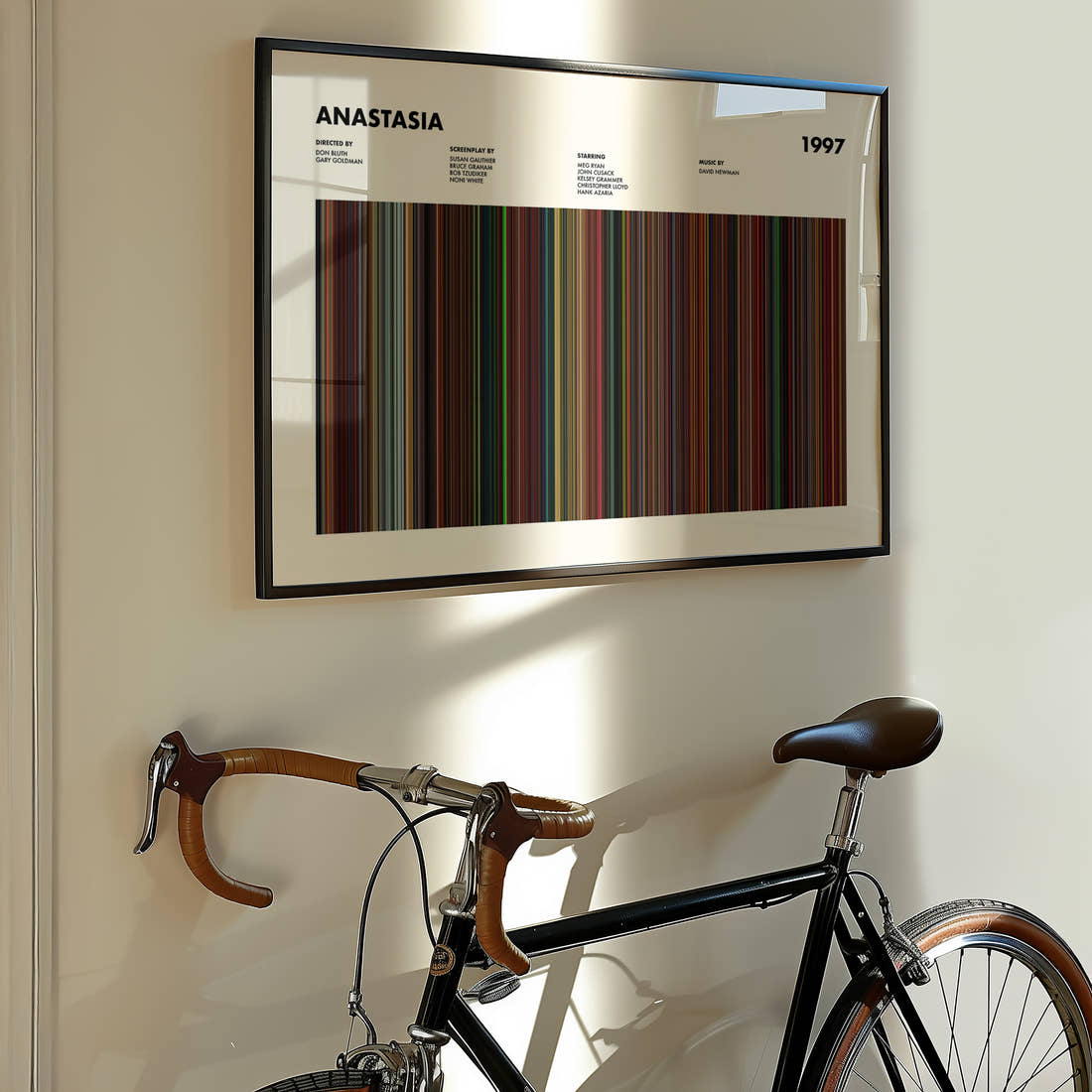 Anastasia Movie Barcode Poster framed on the wall of a styled room setting