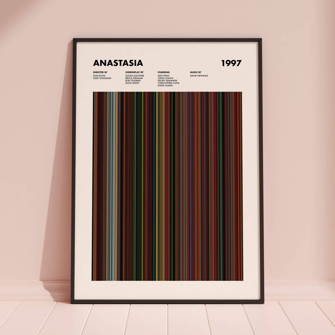 Anastasia Movie Barcode Poster framed and leaning against a coloured wall