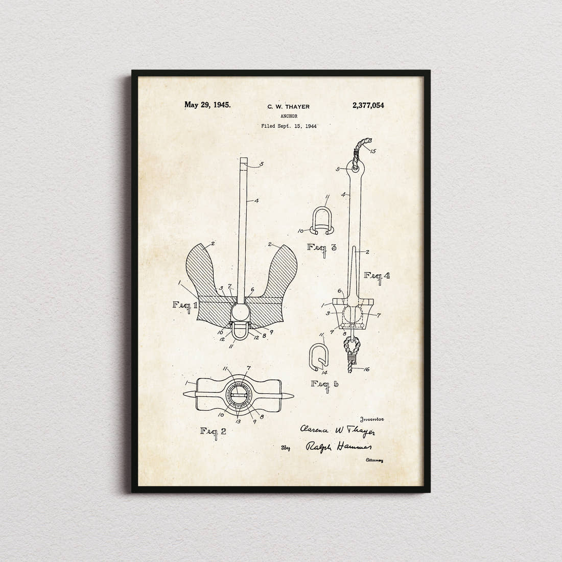 Anchor Patent Print in the aged paper colourway, framed