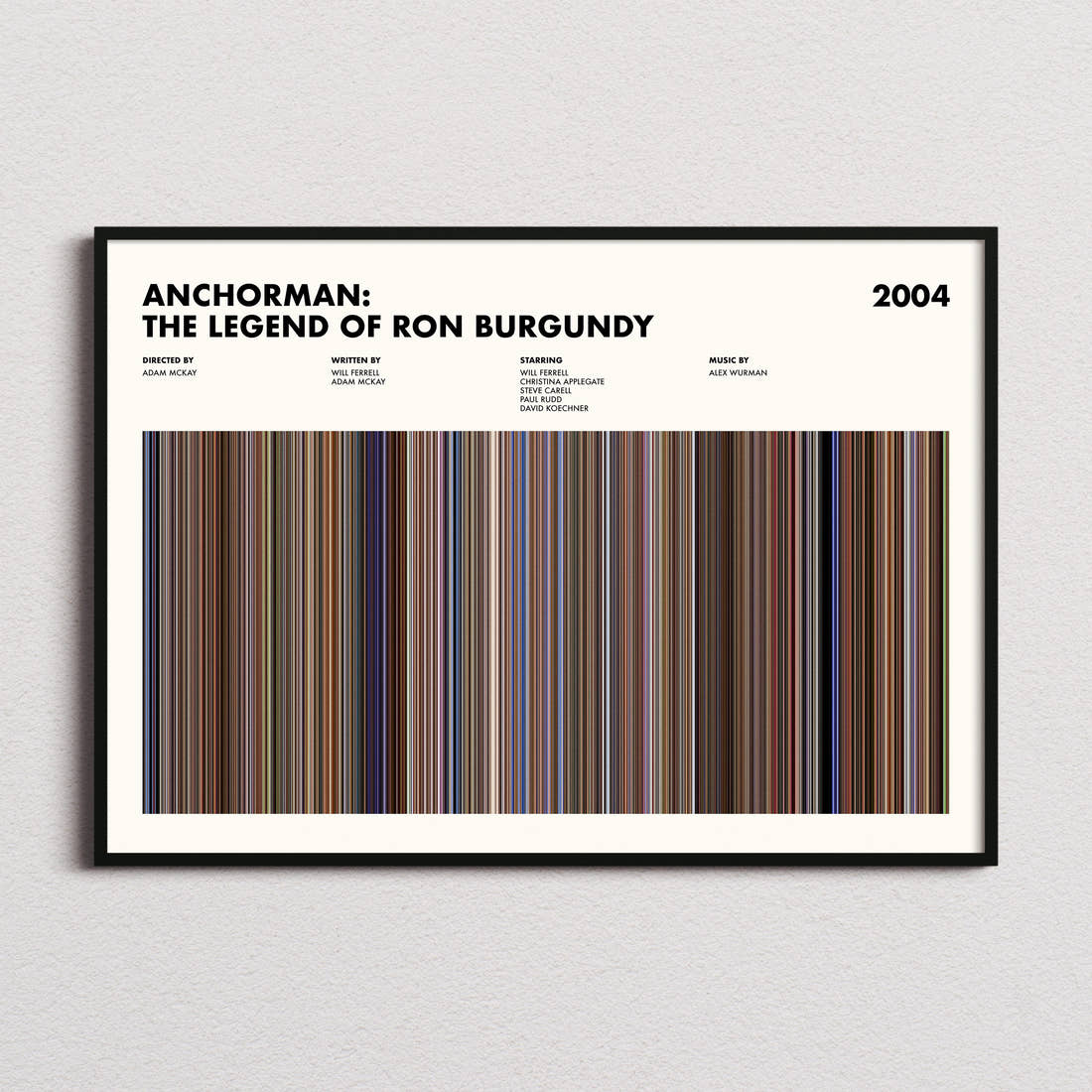 Anchorman: The Legend of Ron Burgundy Movie Barcode Poster framed and photographed straight on