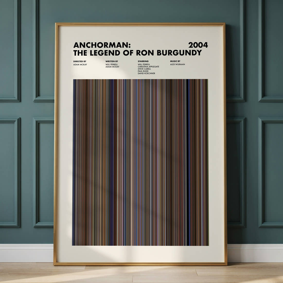 Anchorman: The Legend of Ron Burgundy Movie Barcode Poster framed and leaning against a panelled wall