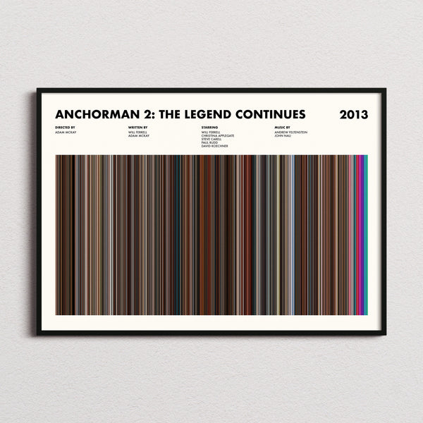 Anchorman 2: The Legend Continues Movie Barcode Poster framed and photographed straight on