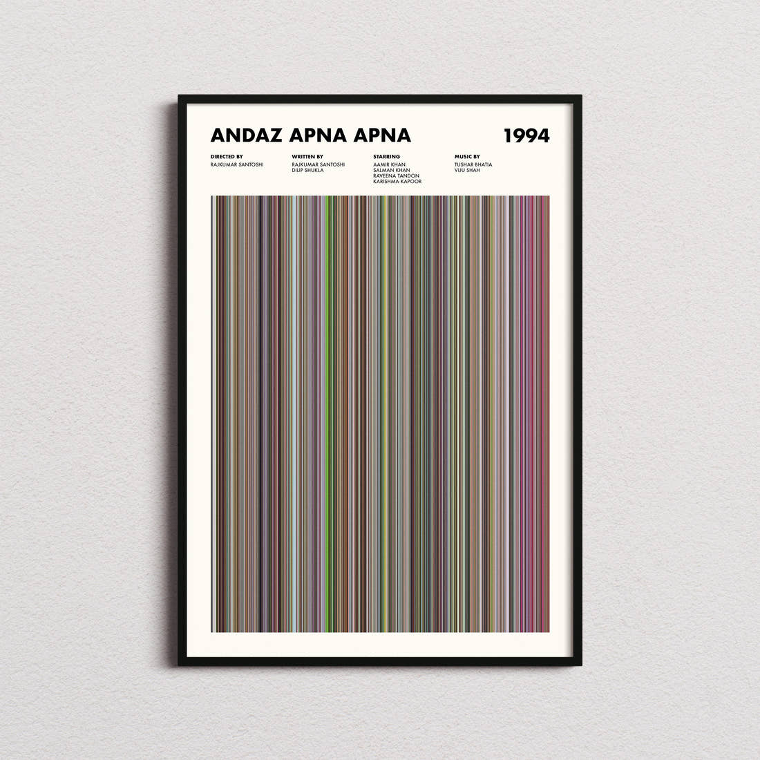 Andaz Apna Apna Movie Barcode Poster framed on a plain studio wall