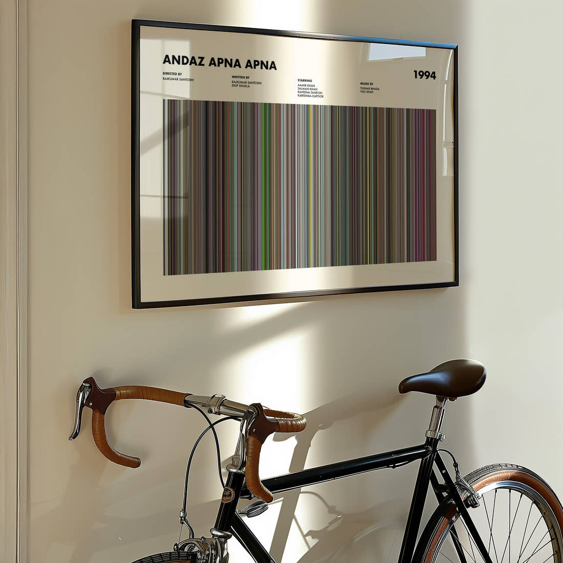 Andaz Apna Apna Movie Barcode Poster framed on the wall of a styled room setting