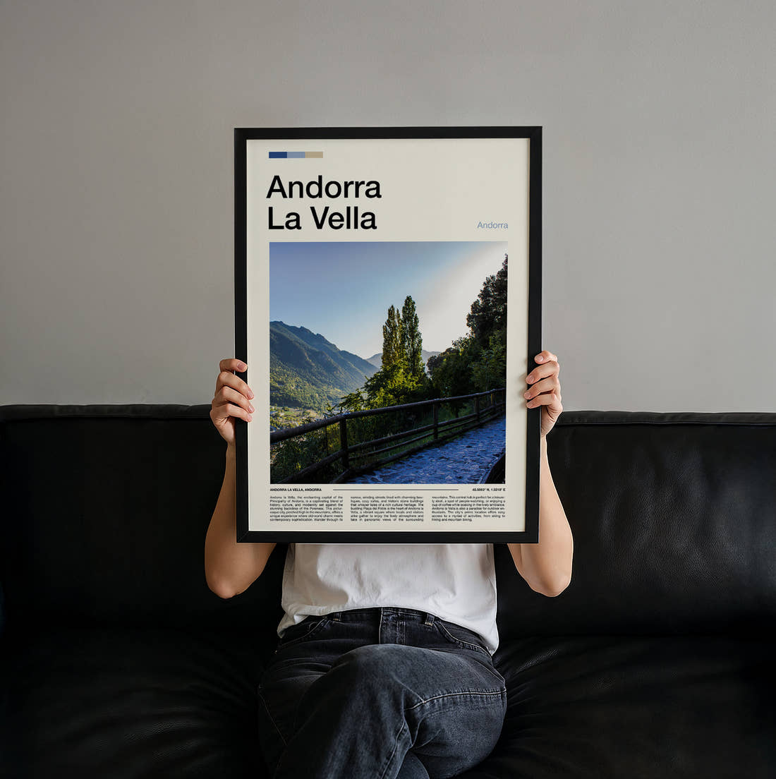 Andorra La Vella Mountain Walkway Travel Print held up by hand to show the size of the print