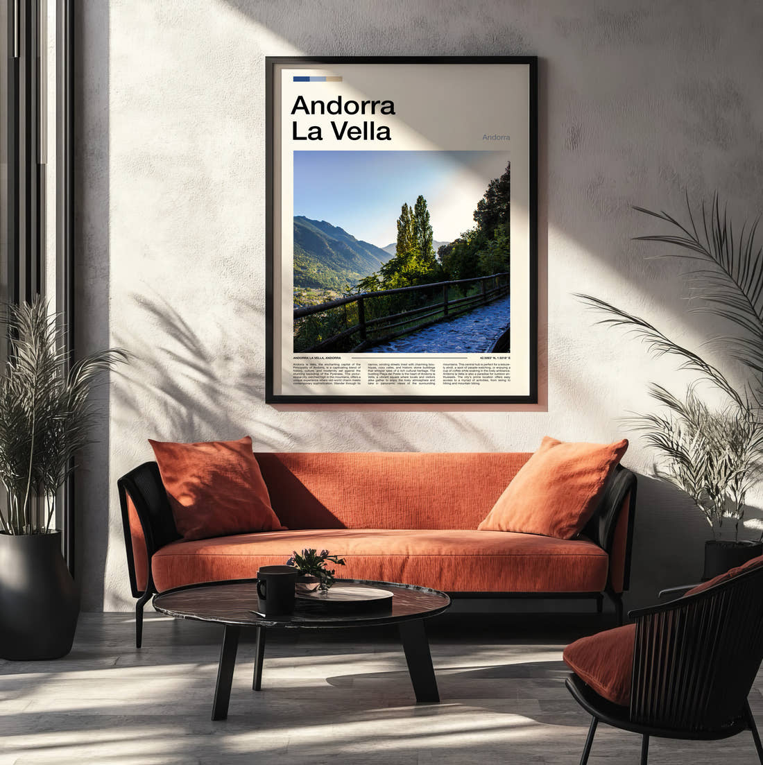 Andorra La Vella Mountain Walkway Travel Print framed on the wall of a modern living room